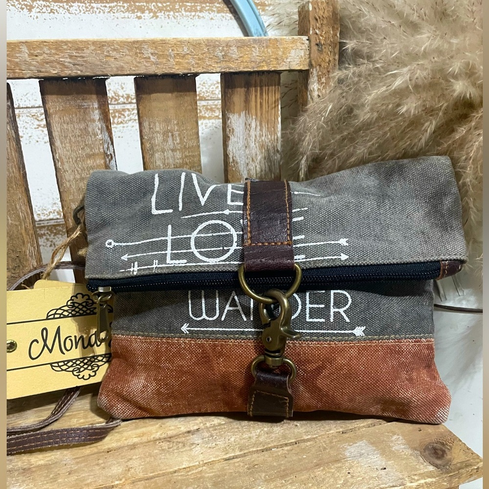 MONA B Upcycled Canvas Crossbody Bag NWT Live Love Wander Boho Vegan Leather